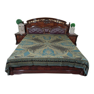 Mogul Interior - Moroccan Bedding, Pashmina Wool Blanket Throw, Turquoise Black Paisley - Throws