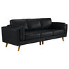 Mid Century Real Leather Sofa 3 Seater Tufted Loose Seat Cushions, Black