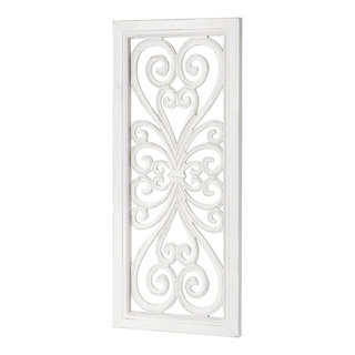 Distressed Hand-Carved White Wood Wall Accent Medallion Panel - 16x36 ...