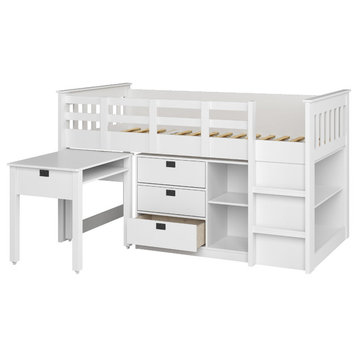 Madison Single/Twin Loft Bed With Desk and Storage, Snow White