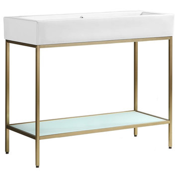 Contemporary Vanity Sink, Golden Frame With Glass Shelf & Ceramic Basin, White