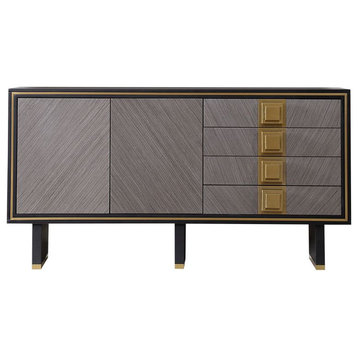 Sideboard Buffet Glass Top with Storage Modern Sideboard Table with Brass