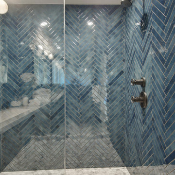 After - Walk-In Shower in Blue Herringbone with a Marble Bench
