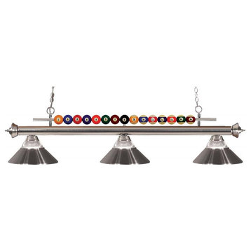 Nickel Shark 3 Light Billiard Chandelier With Clear Glass and Black Metal Shades