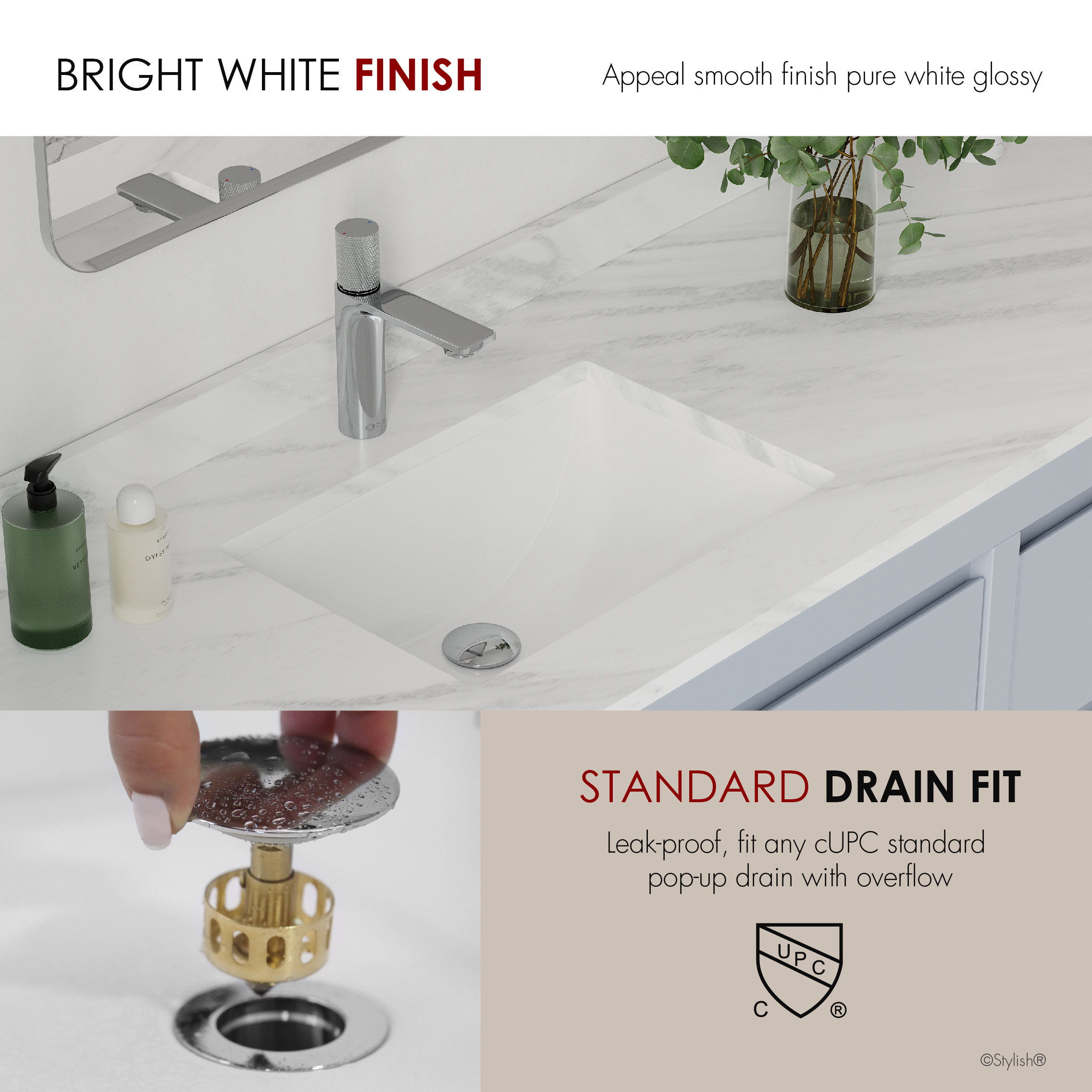 18.25"W x 13"D White Rectangular Undermount Bathroom Sink