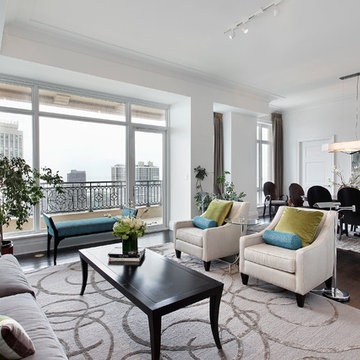 Open Plan Living Room with Custom Rug, Colorful Accents