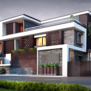 3D Modern Farm House Exterior evening rendering and elevation design by 3D Power