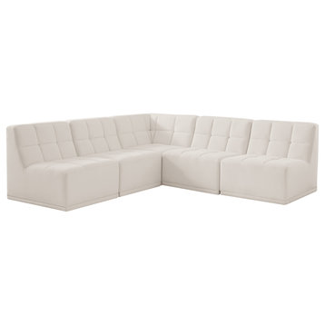 Relax Velvet Upholstered 5-Piece L-Shaped Modular Sectional, Cream