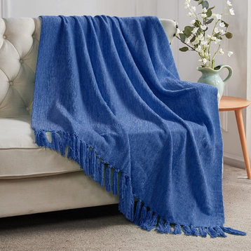 Crystal Chenille Knitted Throw Blanket, Lapis Blue