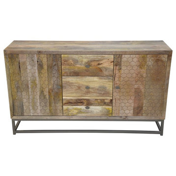 Harlow Solid Wood 2-Door 3-Drawer Sideboard in Natural on Brass-Finished Frame