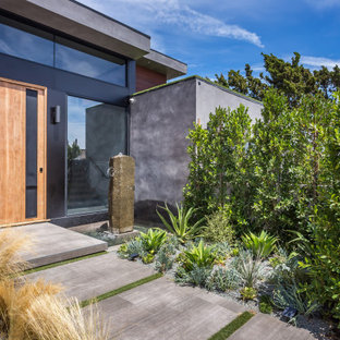 Imagen de fachada de casa gris, contemporánea, grande, de dos plantas, con revestimiento de hormigón, tejado plano y techo verde