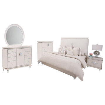 Aico Amini Glimmering Heights 5 PC Queen Upholstered Bed Set w Chest in Ivory