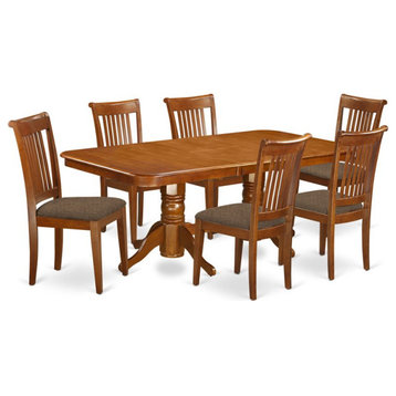 East West Furniture Napoleon 7-piece Dining Set with Fabric Seat in Saddle Brown