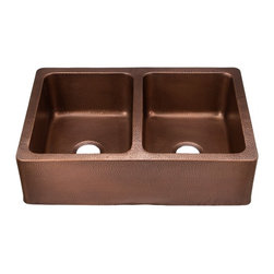 33" Copper Double Bowl Apron Farmhouse Sink - Kitchen Sinks