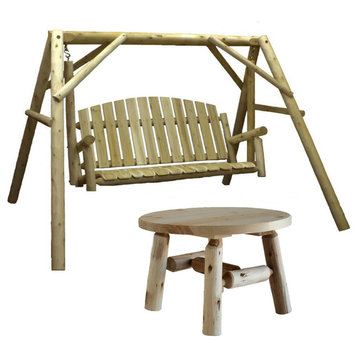 Country Cedar Outdoor Porch Swing and Stand Set With Round Table