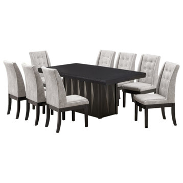 9 Piece Dining Set, Cappuccino Wood and Silver Fabric, Table and 8 Chairs