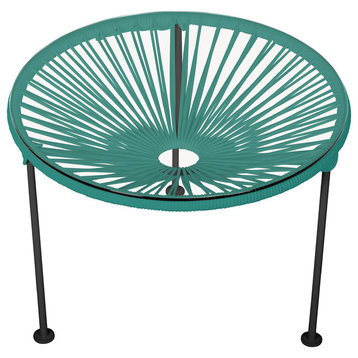 Zicatela Indoor/Outdoor Handmade Side Table, Turquoise Weave, Black Frame