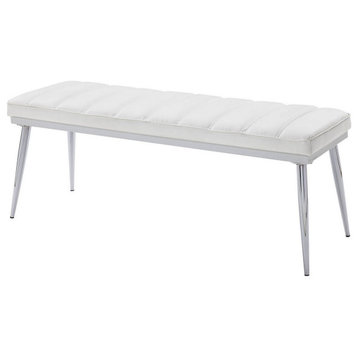 Benzara BM218613 Metal/Leather Bench With Vertical Chanel Tufts, White/Chrome