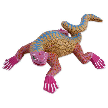 Novica Pink Iguana Wood Alebrije Sculpture