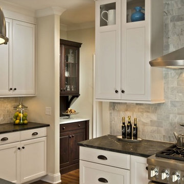 Traditional White Kitchen with Soapstone Countertops and Stainless Appliances