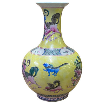 Chinese Handmade Yellow Base Multi-Color Foo Dogs Porcelain Vase Hws2703