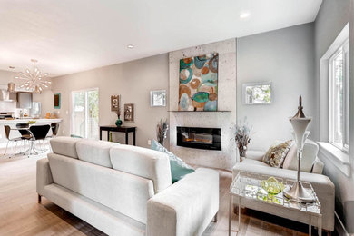 Example of a mid-sized classic formal and enclosed light wood floor living room design in Other with gray walls, a ribbon fireplace and no tv