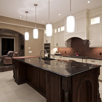 White Kitchen with wood island, butcher block top