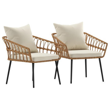 Evin Set of 2 Boho Indoor/Outdoor Wicker Patio Chairs with All-Weather Cushions,
