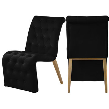Curve Button Tufted, Fabric Upholstered Dining Chair, Set of 2, Black Velvet