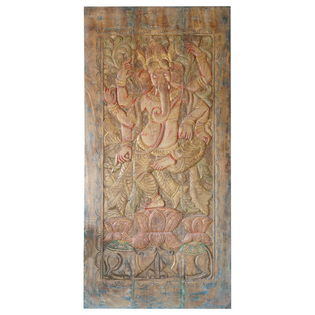 Consigned Vintage Carved Door Panel Dancing Ganesha Wall Art Sliding Door84x41