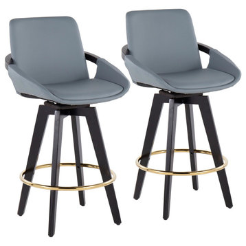 Cosmo Swivel Fixed-Height Counter Stool, Set of 2, Black Wood/Gold Metal/Gray PU
