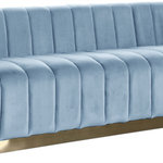 Meridian Furniture - Marlon Velvet Upholstered Sofa, Sky Blue - Seat guests in the epitome of comfort and style with this Marlon velvet sofa. This piece is just the thing to showcase your modish style while ensuring total enjoyment from all who are lucky enough to relax on its channel tufted seats. The soft sky blue velvet upholstery adds a beautiful touch to your space and feels great against your skin while the brushed gold stainless steel base lends it a contemporary finish.
