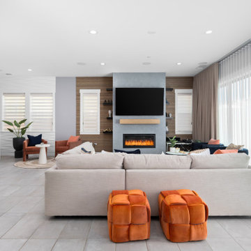 Modern Living room and Bar with orange accents.