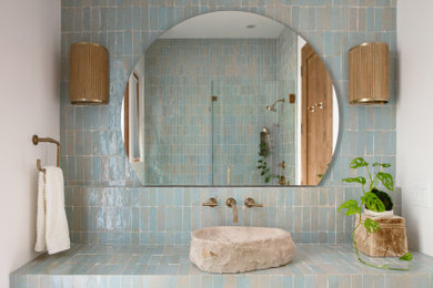 Inspiration for a coastal blue tile gray floor and single-sink bathroom remodel in San Diego with white walls, a vessel sink, tile countertops, blue countertops and a floating vanity