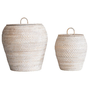 Whitewashed Rattan Baskets With Lids, 2-Piece Set