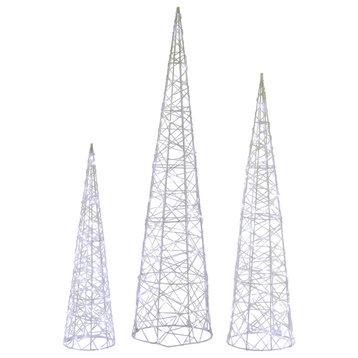 Set of 3 LED Lighted Twinkling Cone Trees Christmas Yard Decoration