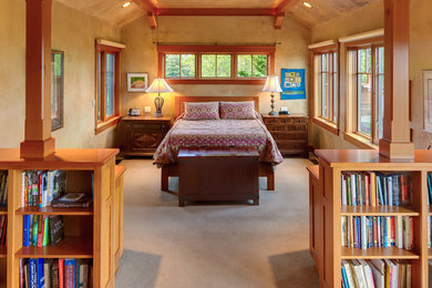 Bedroom - traditional medium tone wood floor bedroom idea in Other with beige walls