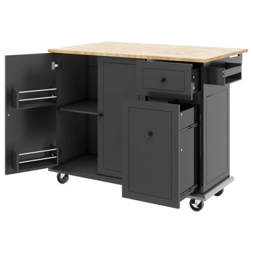 Rubberwood Kitchen Cart, Drop Leaf, Internal Storage Rack, and 2 Drawers, Black