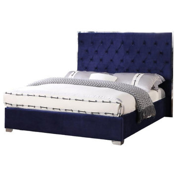 Best Master Kressa Velour Fabric Tufted Queen Platform Bed in Blue