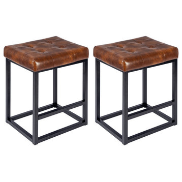 Set of 2 Button Tufted Faux Leather Counter Stools, Yellowish-Brown, 24 in