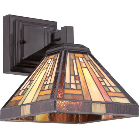 Vintage Bronze 1-Light Wall Sconce Geometric Pattern Tiffany Glass Shade 8