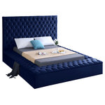 Meridian Furniture - Bliss Velvet Upholstered  Bed, Navy, Full - Extend elegance to the bedroom with this Bliss navy velvet bed. This bed has a rich look, with deeply tufted upholstery along its upper platform perimeter and headboard, ensuring that it is a good fit in modern bedroom themes. Storage rails and footboard are included to ensure maximum versatility, and the bed comes with full slats, so you can use it without a box spring. The navy velvet fabric used in its design makes it easy to integrate alongside other furnishings.