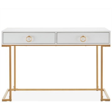 Home Office 2-Drawer Desk/Vanity Table, Wood And Metal, White