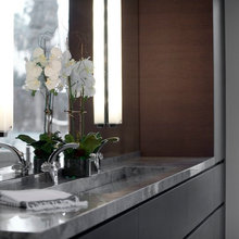 gray quartszite counter in bathroom