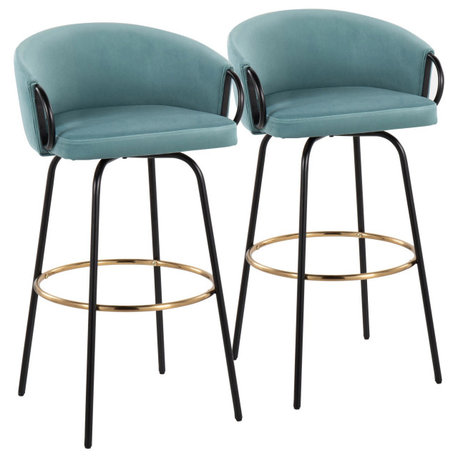 Claire Barstool, Set of 2, Black Metal, Gold Metal, Light Blue Velvet