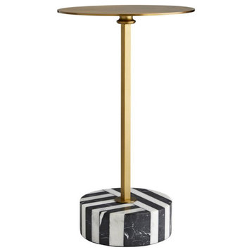 Clarita Side Table, White And Black Marble, Antique Brass, Iron, 14"W