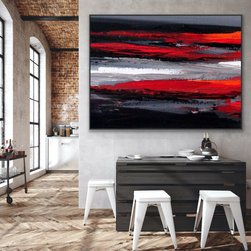 Preethi Arts - "Track" 60x48 IN Black and White Red Gray Abstract Art Large Modern Painting - Paintings