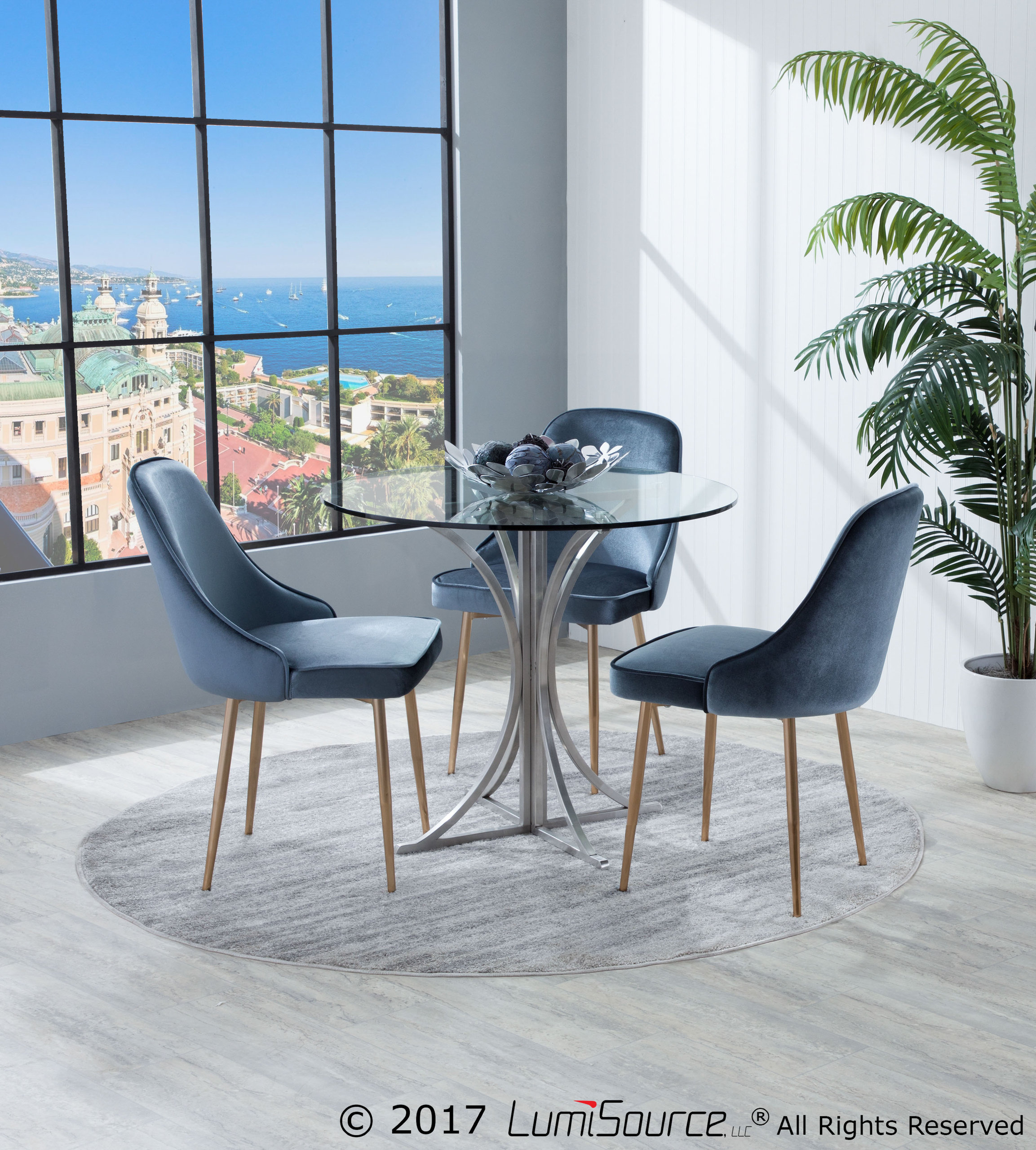 LumiSource Marcel Dining Chair, Set of 2, Blue Velvet, Gold Frame