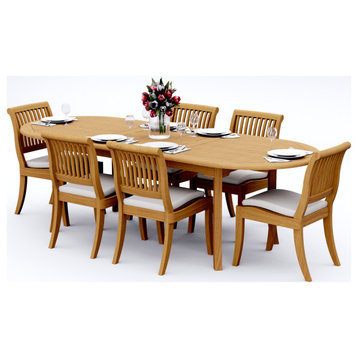 7-Piece Teak Dining Set, 94" Ext Oval Table, 6 Arbor Stacking Armless Chairs