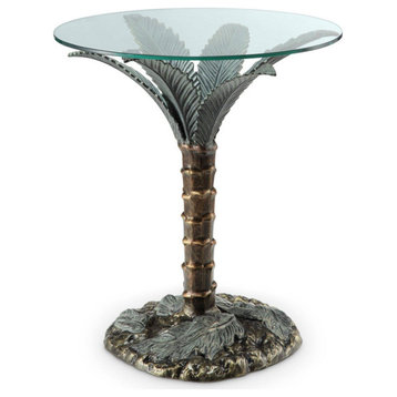 Unique Side Table, Palm Tree Sculptural Aluminum Base With Round Clear Glass Top